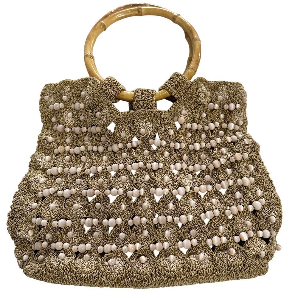 Vintage August Tan Crochet Pink Beaded and Bamboo Handle Boho Handbag Purse EUC
